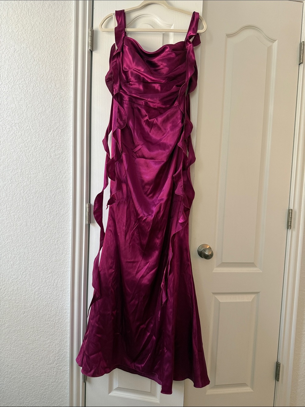 Galina Signature Magenta Satin Evening Dress with Ruffle Details